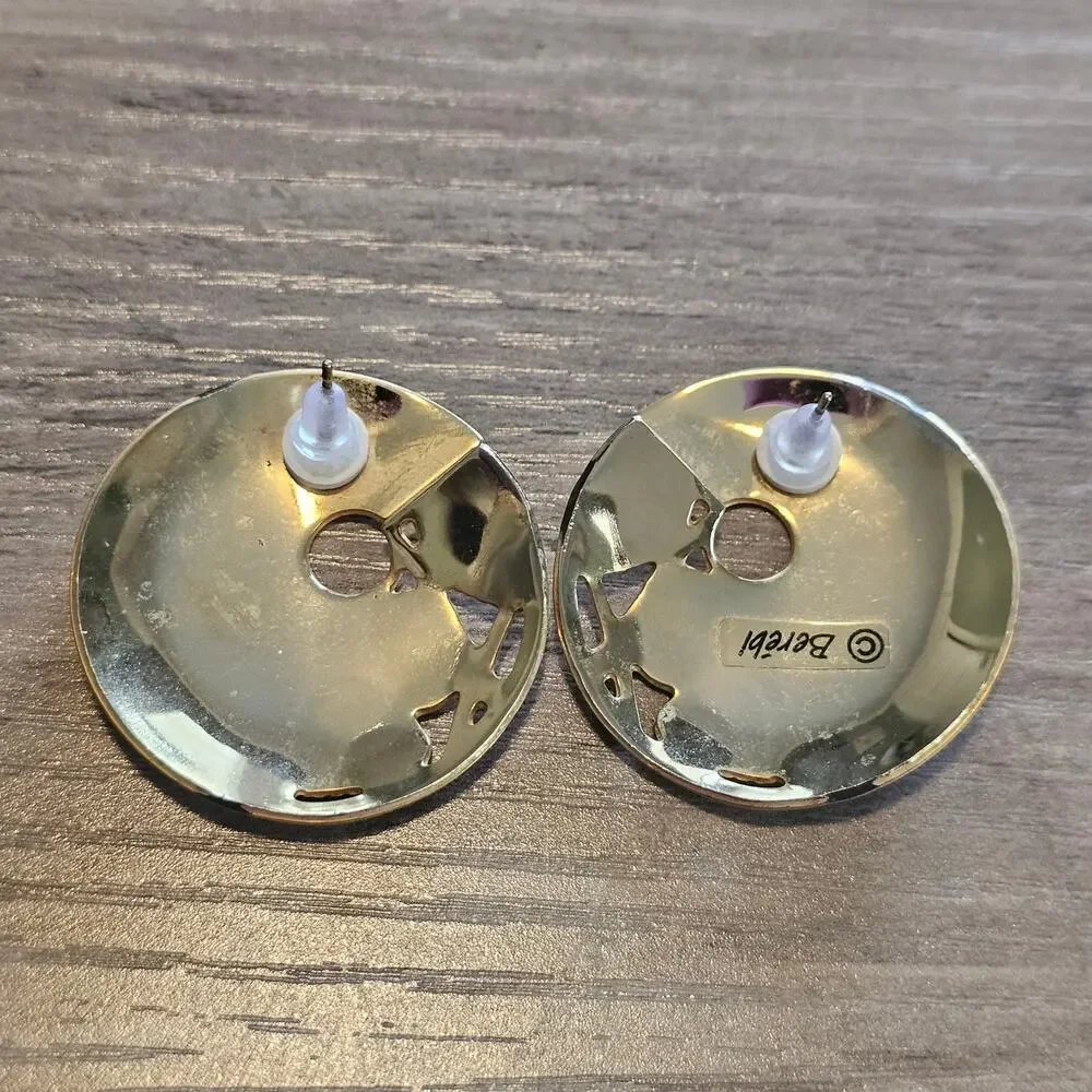 Vintage Edgar Berebi Purple Round Stud Earrings with Gold Leaf Design 1980s